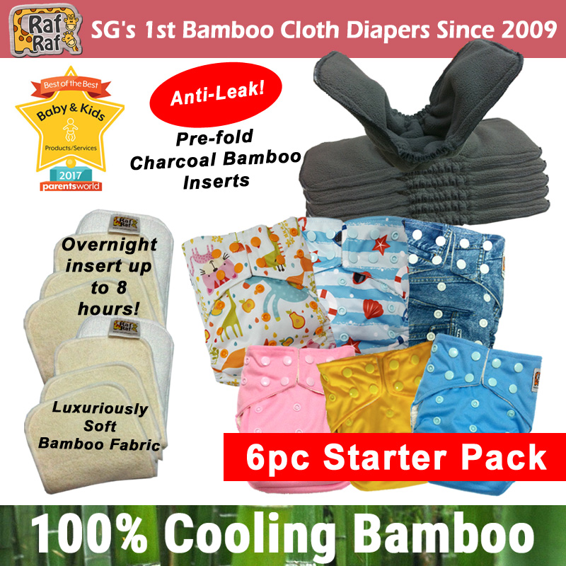 Raf Raf Bamboo Cloth Diapers 6pc Starter Pack FREE Eco-Bamboo Diaper Liner (100 sheets)