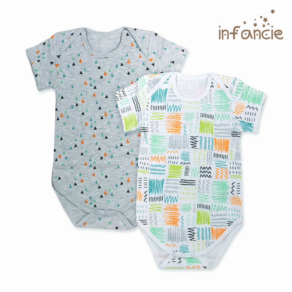 Infancie Baby Short Sleeves Bodysuit Set of 2 Pcs (100% Cotton) Grey / Green