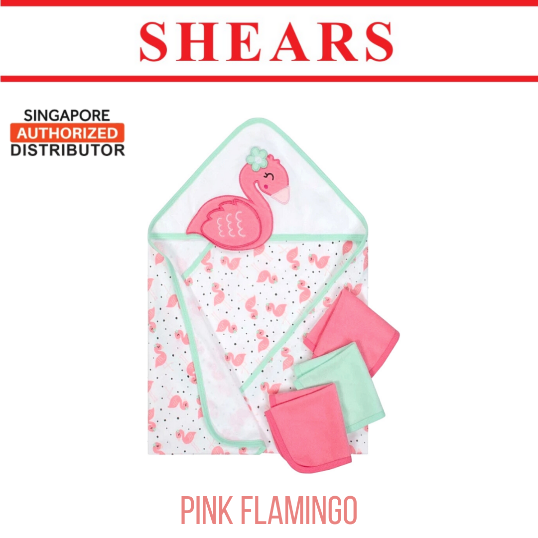 SHEARS Baby Bath Set Hooded Towel with 3pcs Washcloth Pink Flamingo