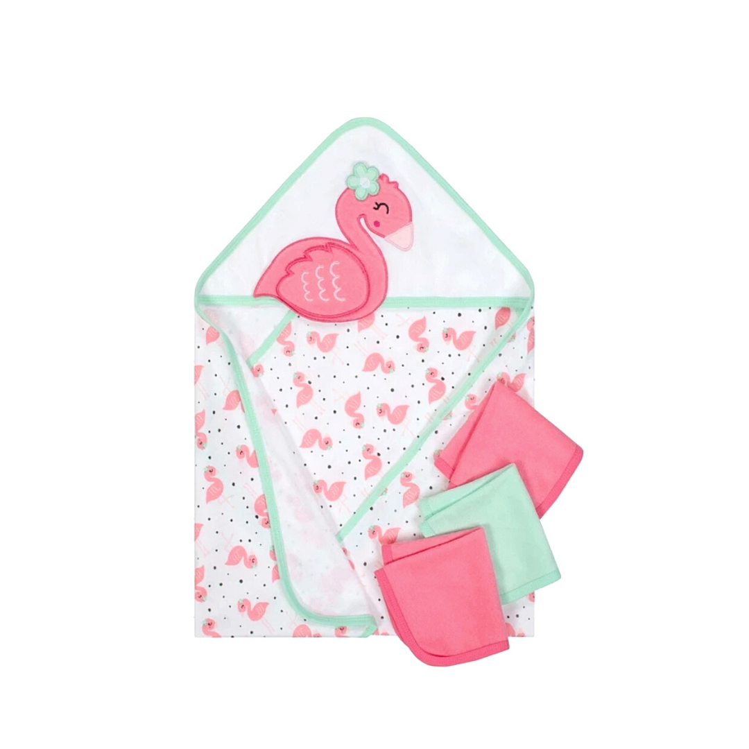 SHEARS Baby Bath Set Hooded Towel with 3pcs Washcloth Pink Flamingo
