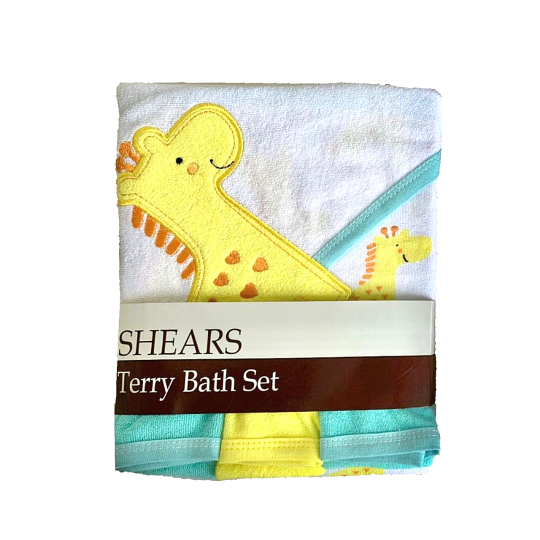 SHEARS Baby Bath Set Hooded Towel with 3pcs Washcloth Yellow Giraffe
