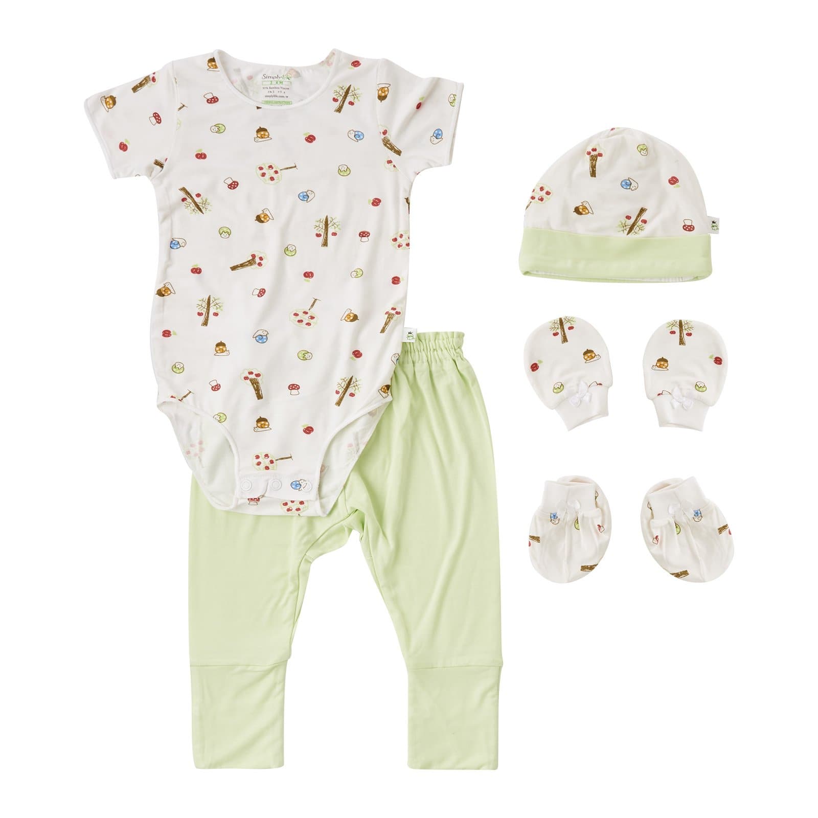 baby-fair Simply Life Apple Tress Collection - 1pc Stretchy Romper, 1pc Long Pants with Footie, Mittens & Booties Set, Cap