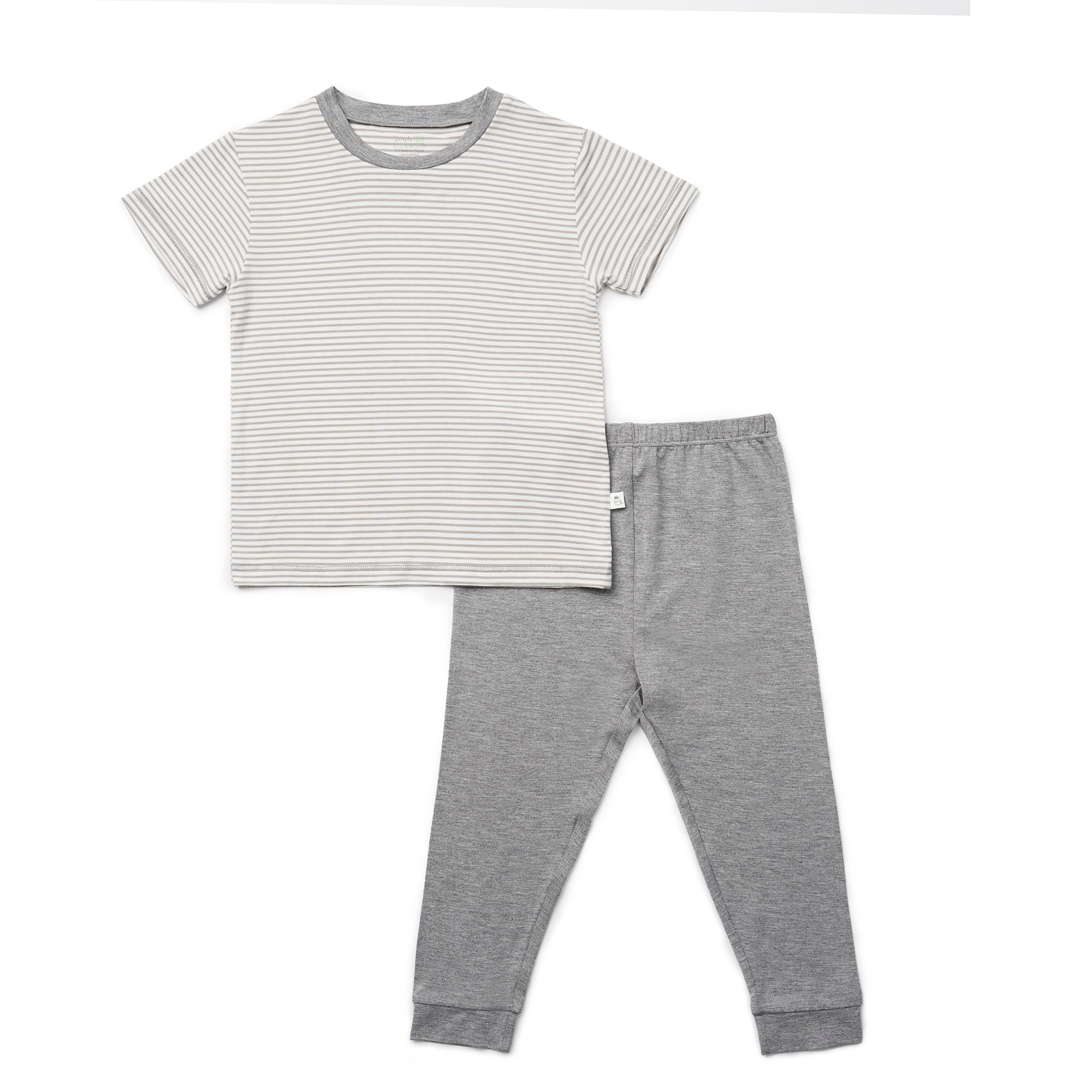 baby-fair Simply Life - Kids Short Sleeve Bamboo Pyjamas Set with Tapered Cuff Pants, Grey Stripes
