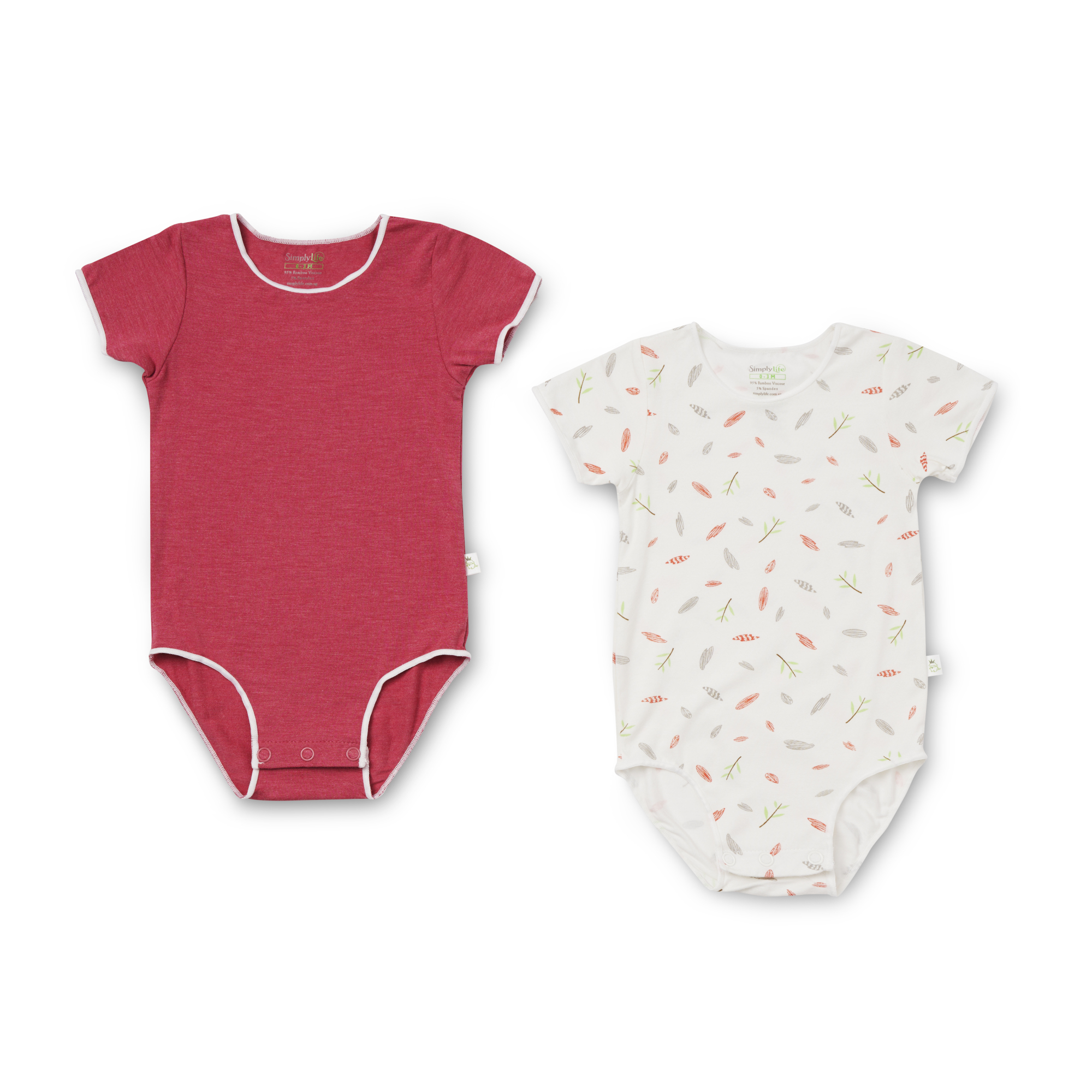 baby-fair Simply Life Scandinavian Leaves and Sandwash Ruby Red - Short-Sleeved Stretchy Romper (Value pack of 2)