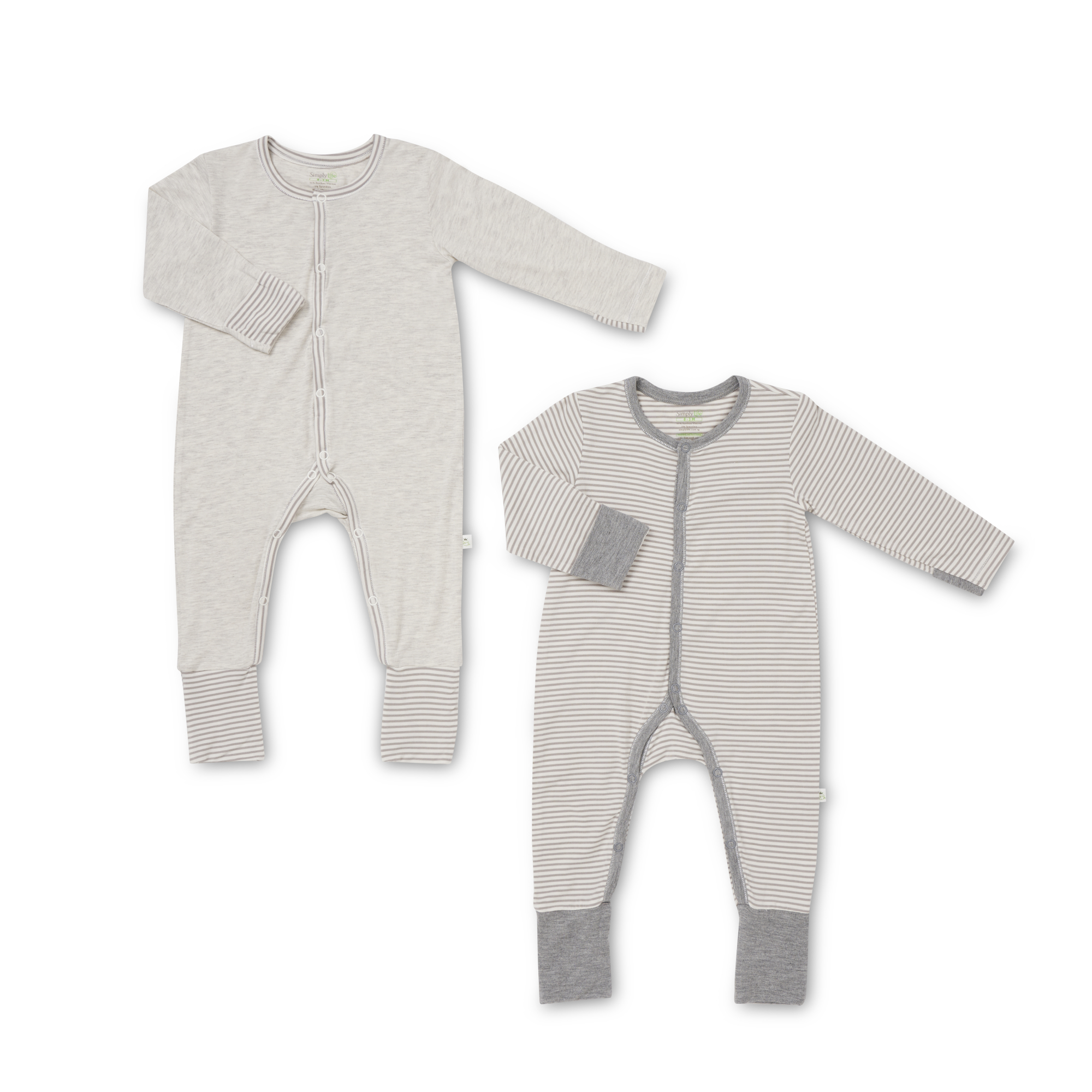 Simply Life Grey Stripes & Sandwash Light Grey - Long-Sleeved Snap Button Sleepsuit with Convertible Cuffs / Mittens & Footie (Value pack of 2)