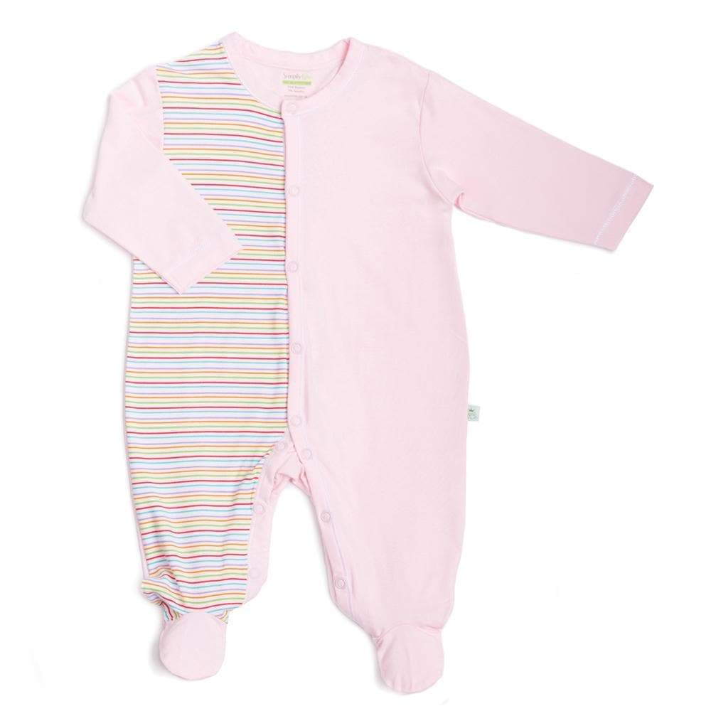 Simply Life Bamboo Long-sleeved sleepsuit with footie & front buttons - Pink Strips (Various Sizes Available)
