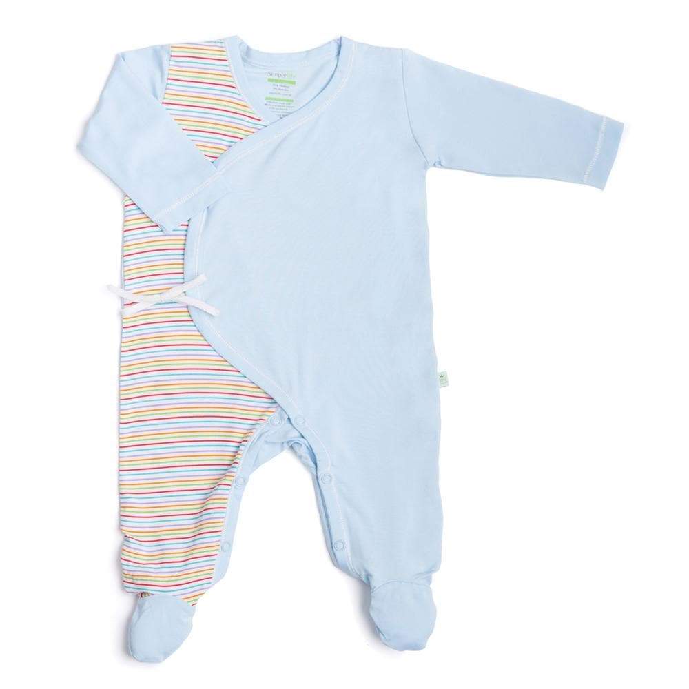 Simply Life Bamboo Long-sleeved sleepsuit with footie side ties Kimono - Blue Strips (Various Sizes Available)