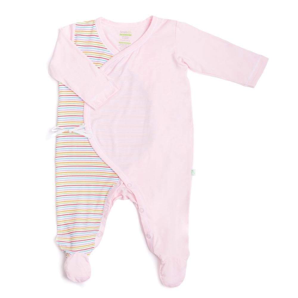Simply Life Bamboo Long-sleeved sleepsuit with footie side ties Kimono - Pink Strips (Various Sizes Available)