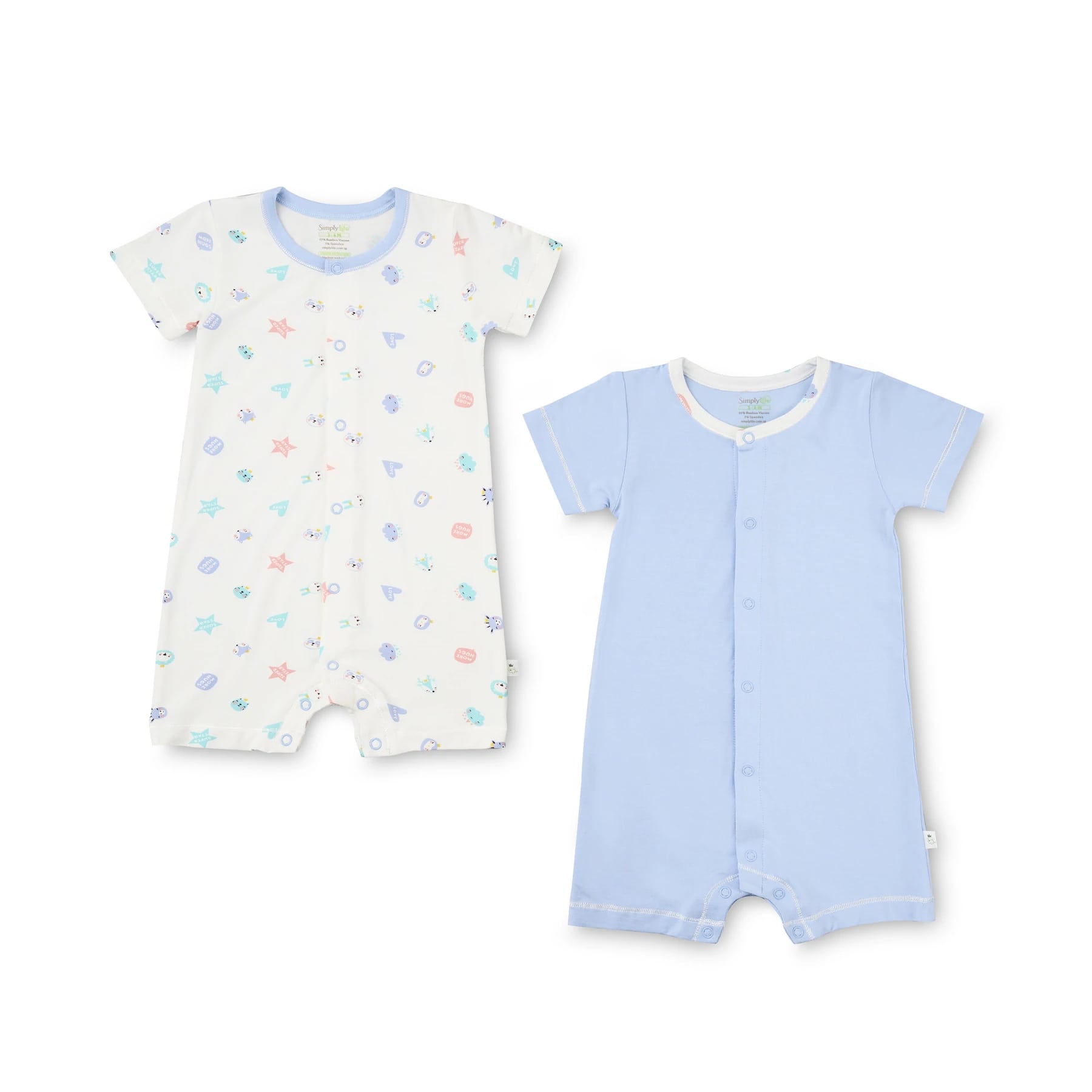 Simply Life Bamboo Shortall S/S front snap button 2pcs - Superstar & Blue (SLWR-19SUBL2)