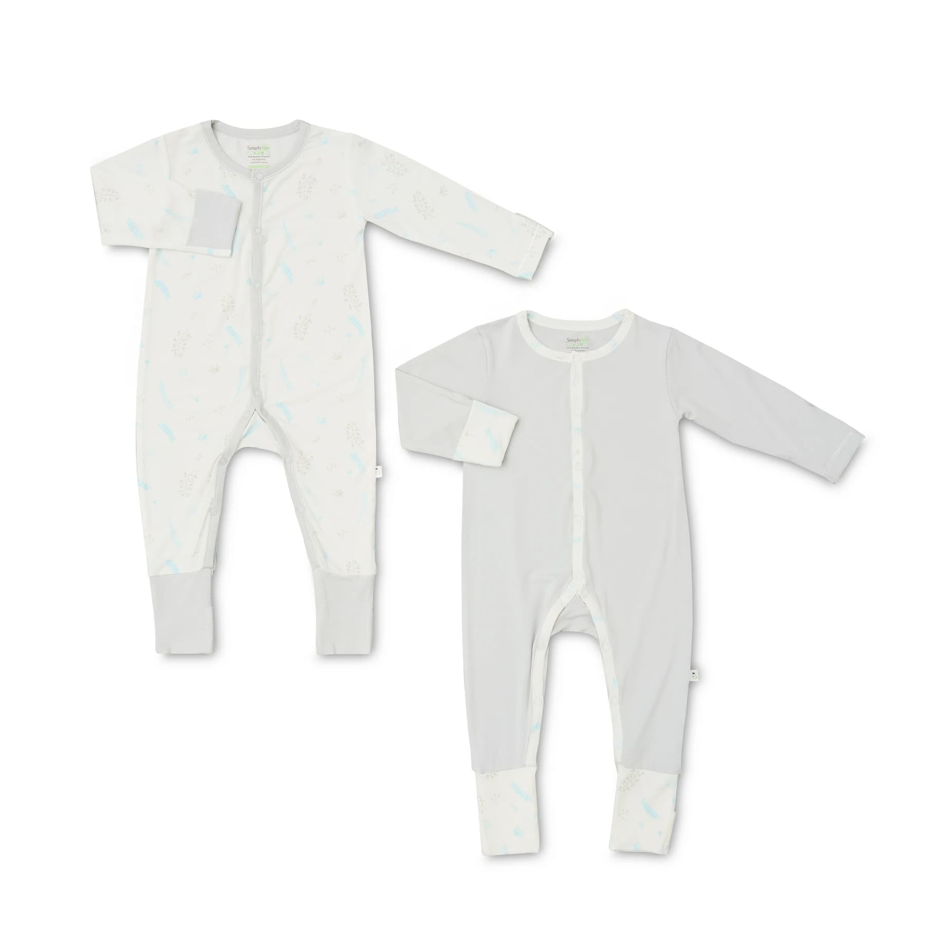 Simply Life Bamboo Sleepsuits L/S front snap button folded mitten & footie 2pcs - Breeze & Grey (SLWR-38BRGY2)
