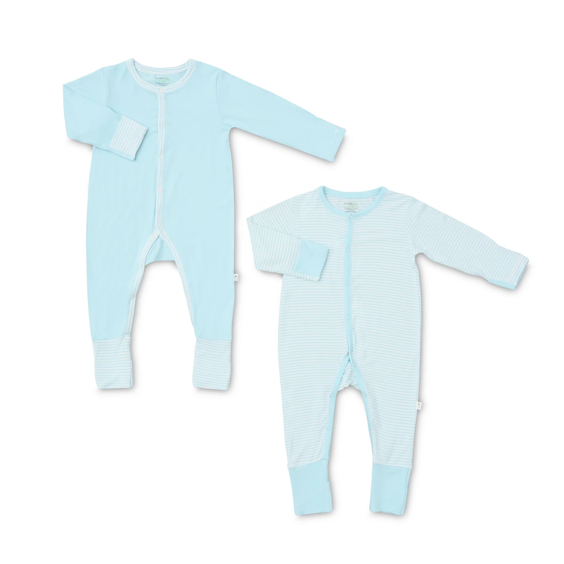 Simply Life Bamboo Sleepsuits L/S front snap button folded mitten & footie 2pcs - Turquoise Stripes & Plain (SLWR-38TSTQ2)