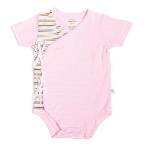 Simply Life Bamboo Short-sleeved romper with side ties Kimono - Pink Strips 