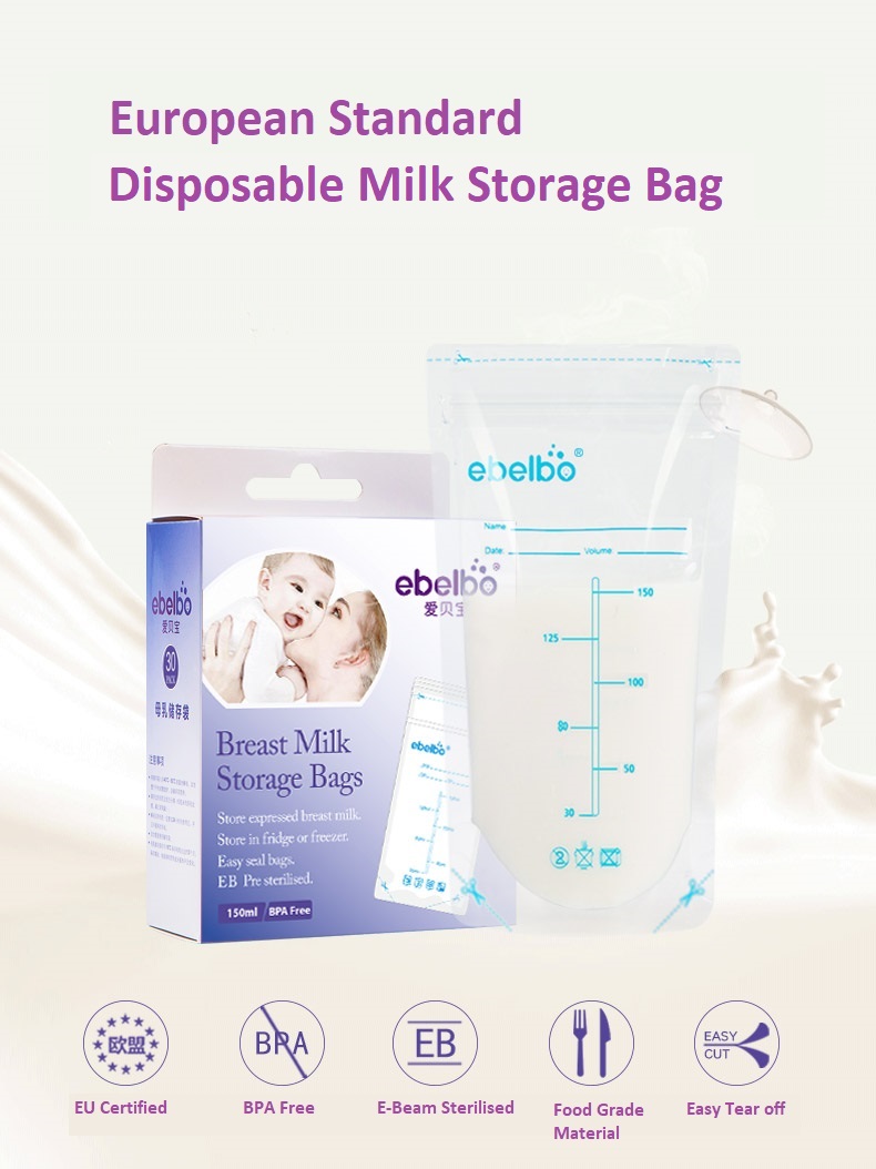Ebelbo Disposable Milk Storage Bag 150ml x 30ct (Bundle of 4packs) + Connector