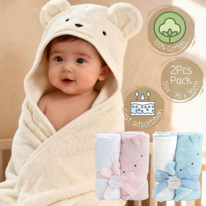 Sunnozy Soft Little Bear Baby Cotton Hooded Towel Twin Pack