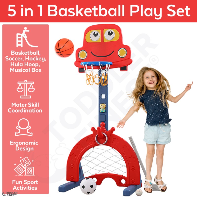 ToddlerFinest 5-in-1 Adjustable Height Portable Basketball Stand Sport Toy Set (Car)