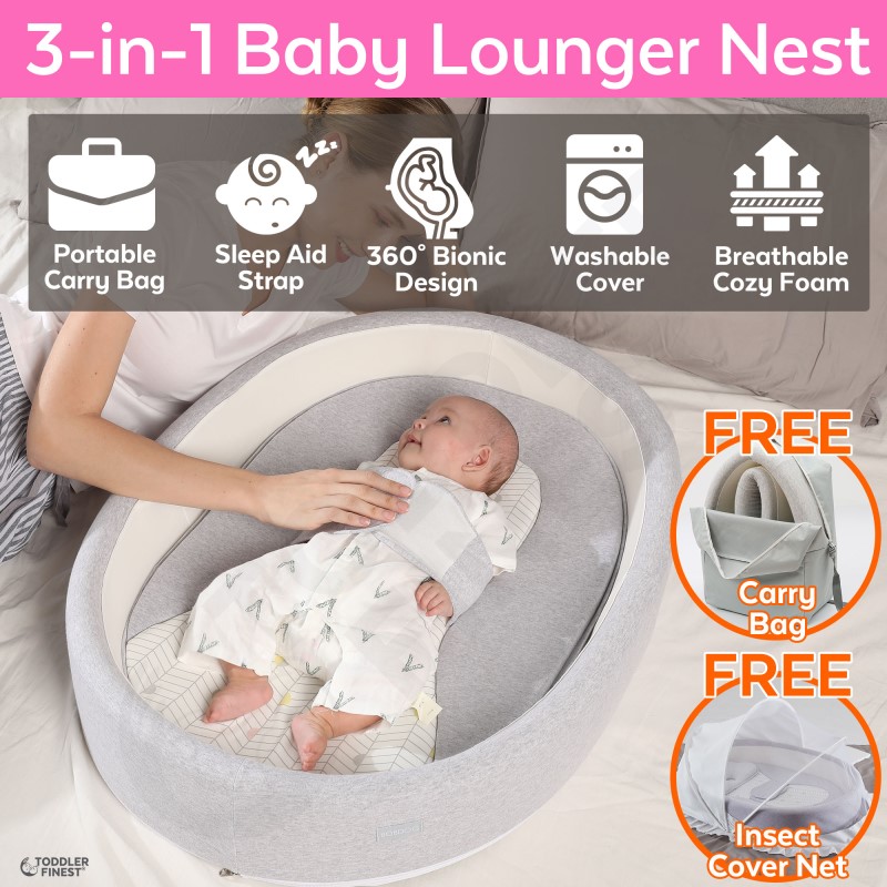 baby-fair Toddler Finest 3-in-1 Portable 100% Cotton Soft Breathable Hypoallergenic Baby Lounger Nest / Bionic Bumper Bed with Mosquito Net