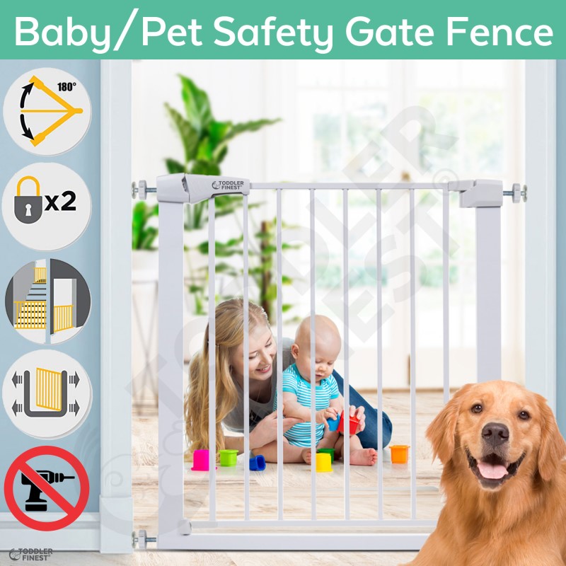 ToddlerFinest Auto Close Safety Baby Gate - Indoor Infant Kids Child Dog Pets Gates - Dual Locking 2-Way Walk Through - Extra Wide Tall Metal Gate Pressure Mount - House Stair Hallways Doorways Fence - Durable Easy Extension Full Kit (75-82 x 5 x 76cm)