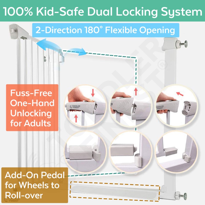 ToddlerFinest Dual Locking 2-Way Auto Close Baby Safety Gate (75-82 x 5 x 76cm) (Accessories Available)