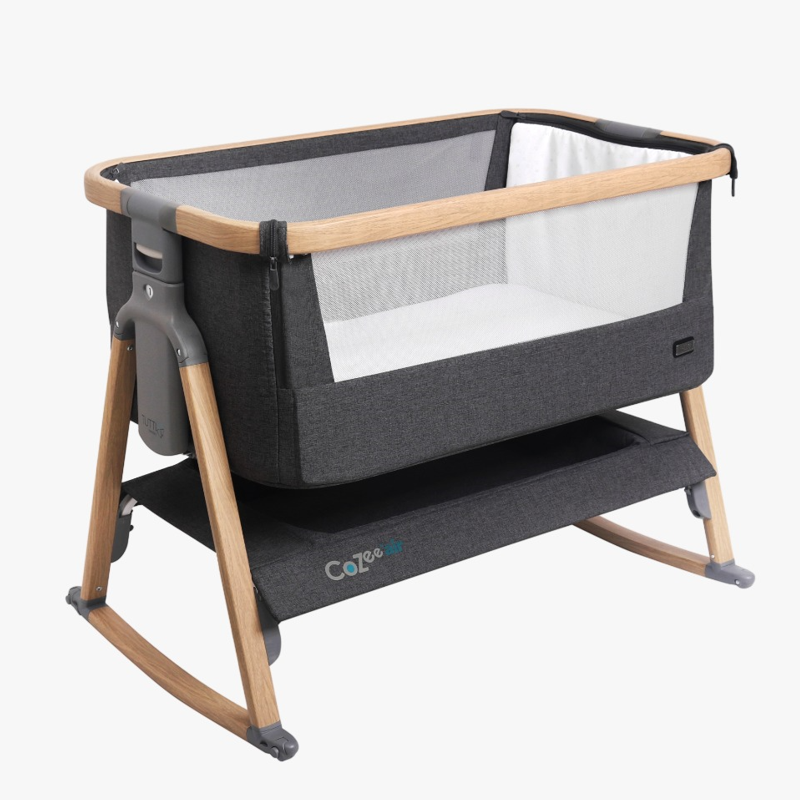 baby-fair Tutti Bambini Cozee Air Bedside Crib (with Rocking Feet) - Oak/Liquorice + Free Cozee Fitted Sheets (Pack of 2) - Neutral/Pebble