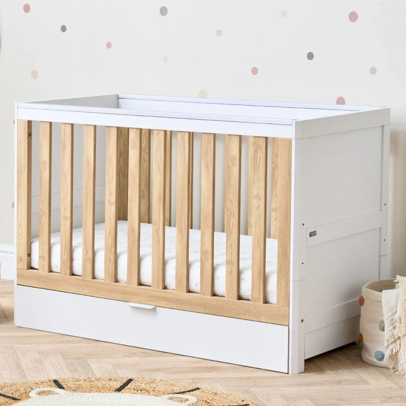 Tutti Bambini Riley Mini Cot Bed with Drawer - Maple Oak/White