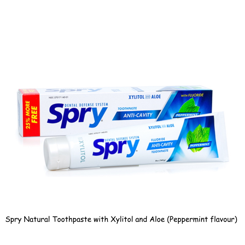 Spry Natural Toothpaste with Xylitol and Aloe (Peppermint Flavor) Fluoride Free Anti Plaque) 2 x 141g