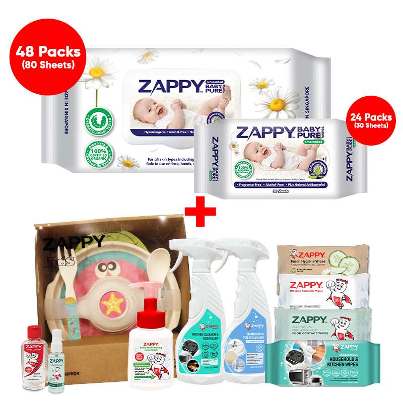Zappy Baby Pure Wipes Bundle - Unscented (48 packs x 80s + 24 packs x 30s)