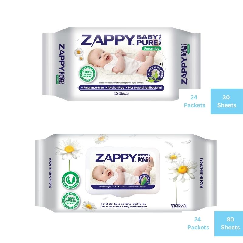 ZAPPY BABY PURE WIPES (UNSCENTED)
24 packets X 80 sheets + 24 packets X 30 sheets