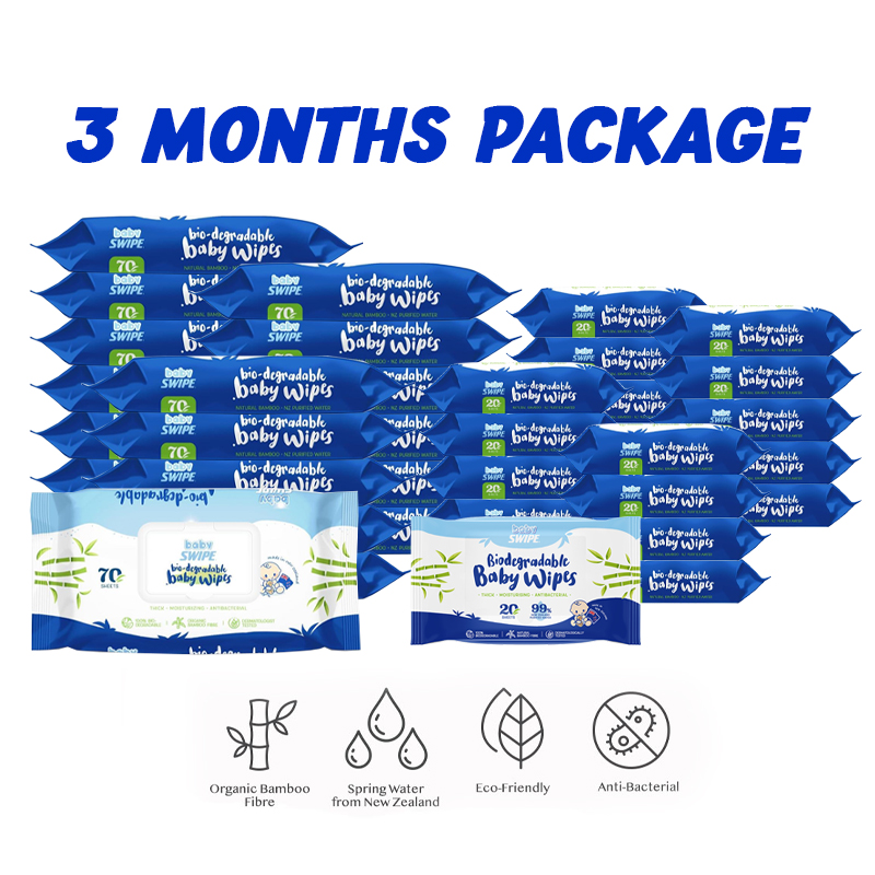 [3 Months Package] babySWIPE Biodegradable Bamboo Baby Wipes 70sx24pks + 20sx20pks (NZ)