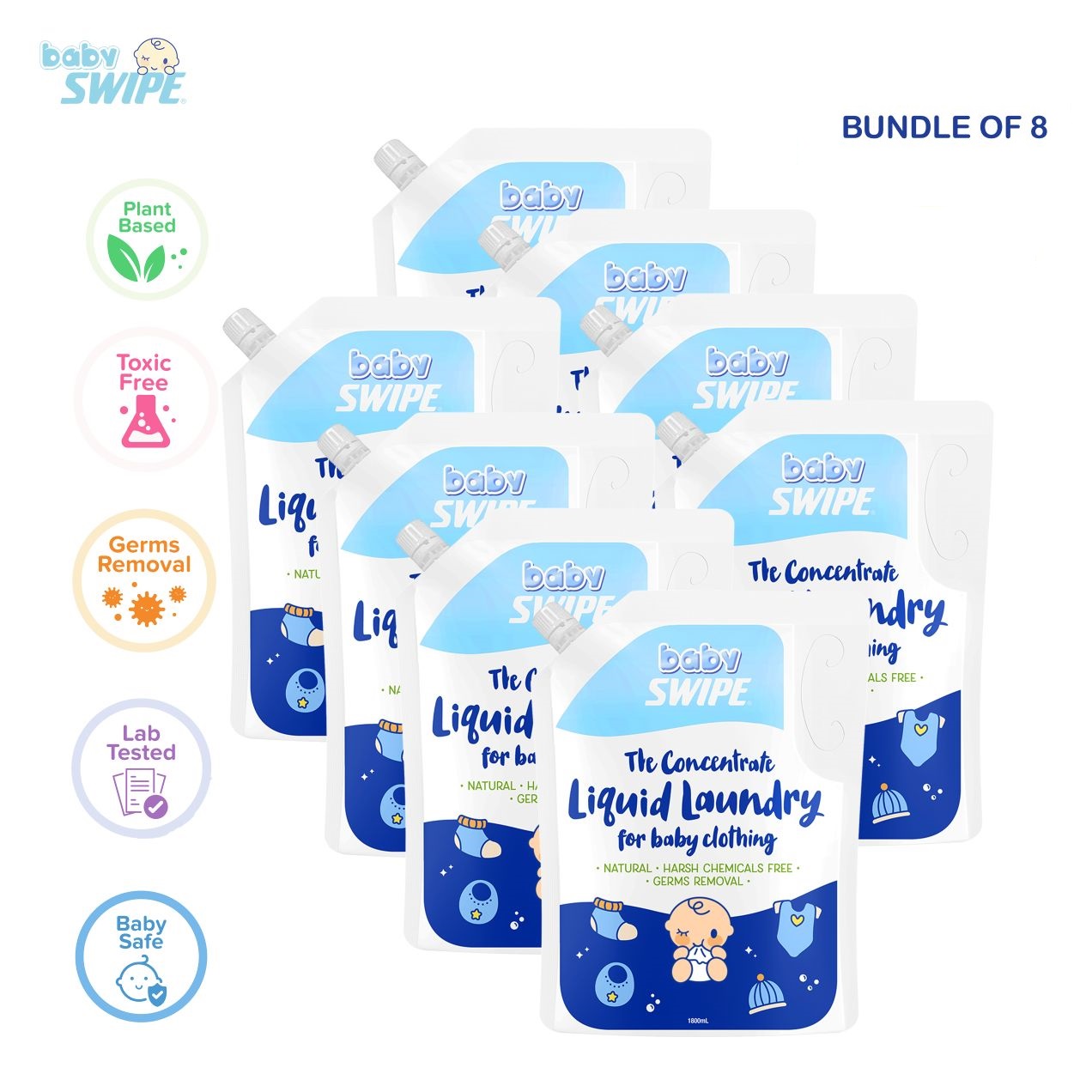 [Carton Deals] babySWIPE Concentrate Liquid Laundry for Baby Clothing 1.8L Pouch Pack (Bundle of 8)