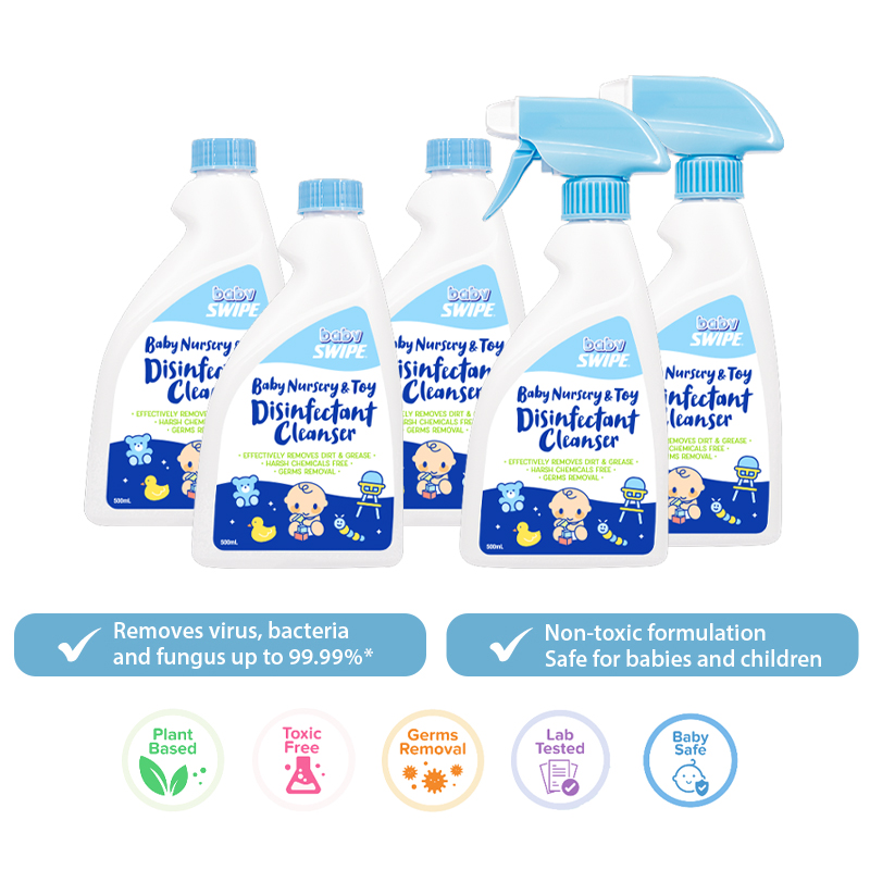 babySWIPE Nursery & Toy Disinfectant Cleanser 500ml Bundle (2x Spray + 3x Refill + 1x Microfiber Towel)
