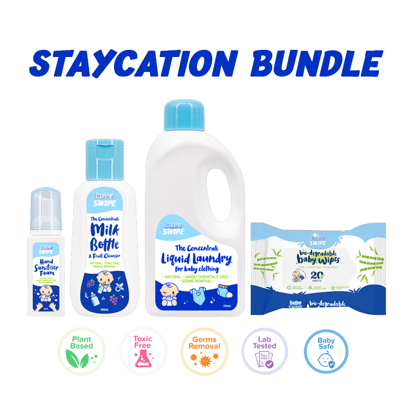 babySWIPE Staycation Bundle (Milk Bottle Fruit Cleanser 100ml + Laundry Detergent 150ml + Hand Sanitizers 80ml x 1 + Wet Wipes x 1)