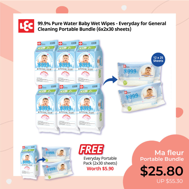 LEC 99.9% Pure Water Blue Daily Everyday Wet Wipes Portable Bundle + Free Additional 2pack x 30sheets 