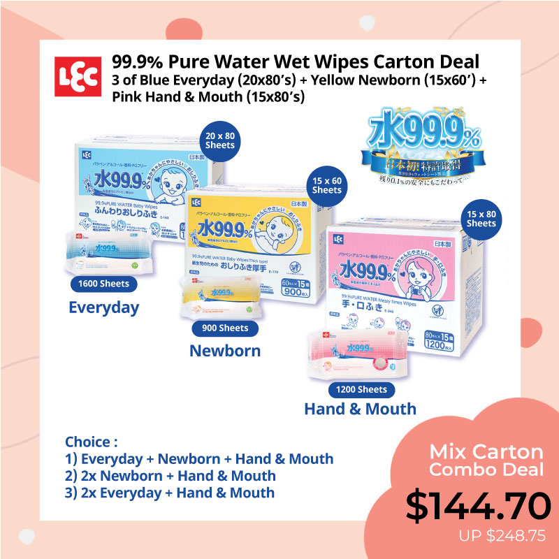 LEC 99.9% Pure Water Wet Wipes Combo Carton Deal (MIX & MATCH BLUE EVERYDAY, YELLOW THICK NEWBORN AND PINK HAND & MOUTH WIPES!)