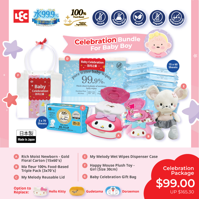 LEC Baby Celebration Bundle (Floral Carton Rich Moist 99.9 % Pure Water Wet Wipes 15 Packsx60s, Ma Fleur Anti Bac 100% Food Grade Edible Ingredients, Character Dispenser Case & Lid with 80s EACH, Plush Toy, Gift Bag)