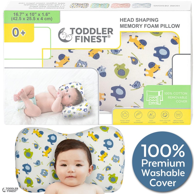 Baby Head Shaping Pillow - Memory Foam with Washable Cotton Cover - Sleep Positioner Cushion - Prevent Plagiocephaly Flat Head Syndrome - Boy Girl Infant Toddler Newborn - Shower Gift (0-12 Months)(42.5CM X 25.5CM X 4CM)(ToddlerFinest)