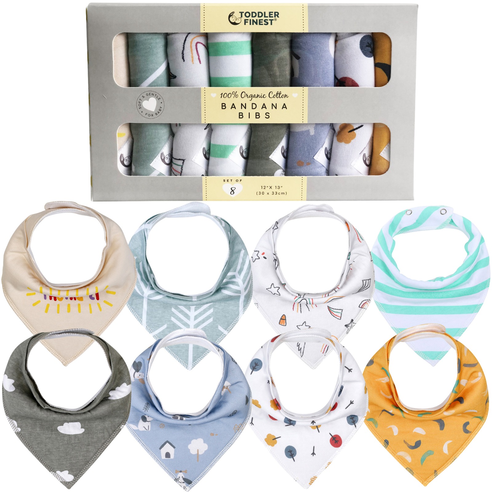 ToddlerFinest 8-Pack Organic Cotton Baby Bandana Drool Bibs GIft Set for Drooling and Teething