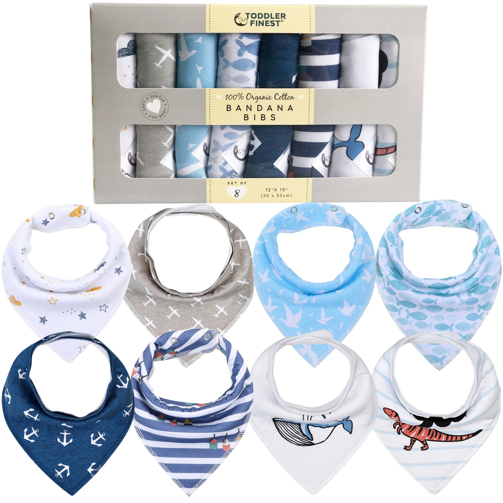 ToddlerFinest 8-Pack Organic Cotton Baby Bandana Drool Bibs GIft Set for Drooling and Teething