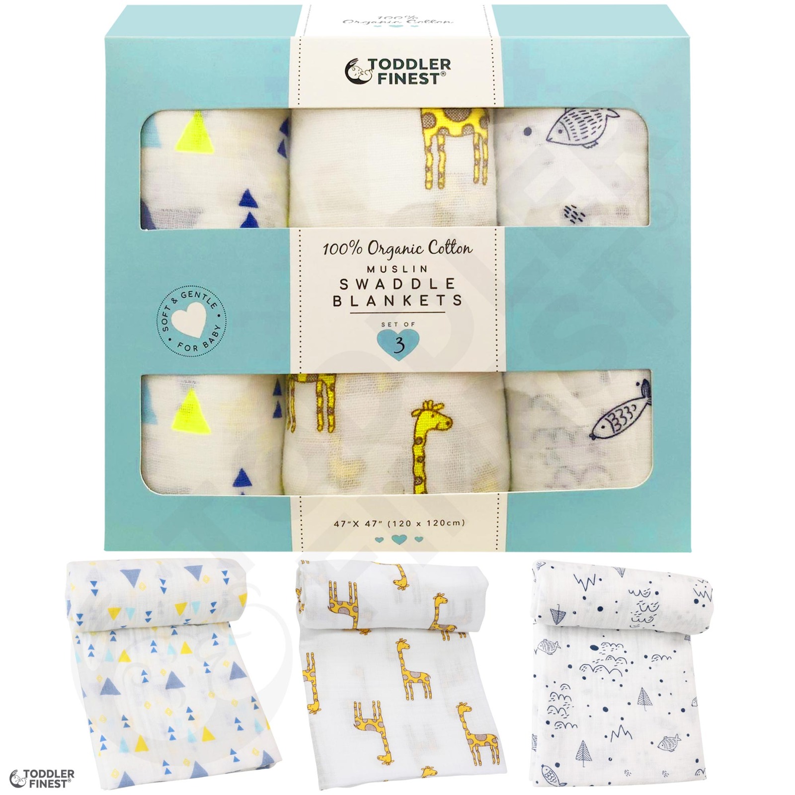 baby-fair ToddlerFinest 100% Organic Cotton Muslin Baby Swaddle Blanket 3pk Gift Set - 47x47