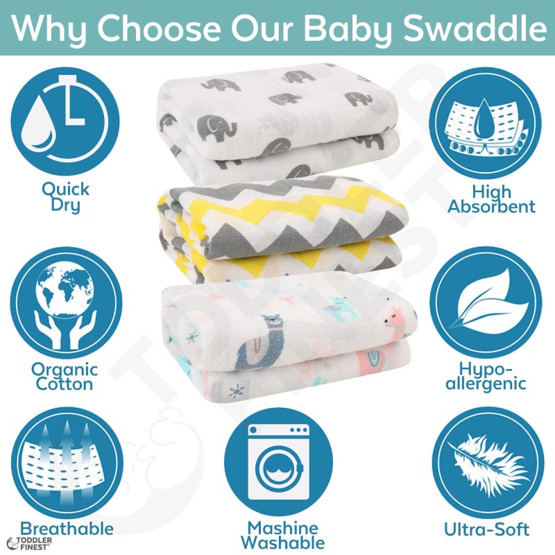 ToddlerFinest 3-Pack Muslin 100% Organic Baby Swaddle Blanket
