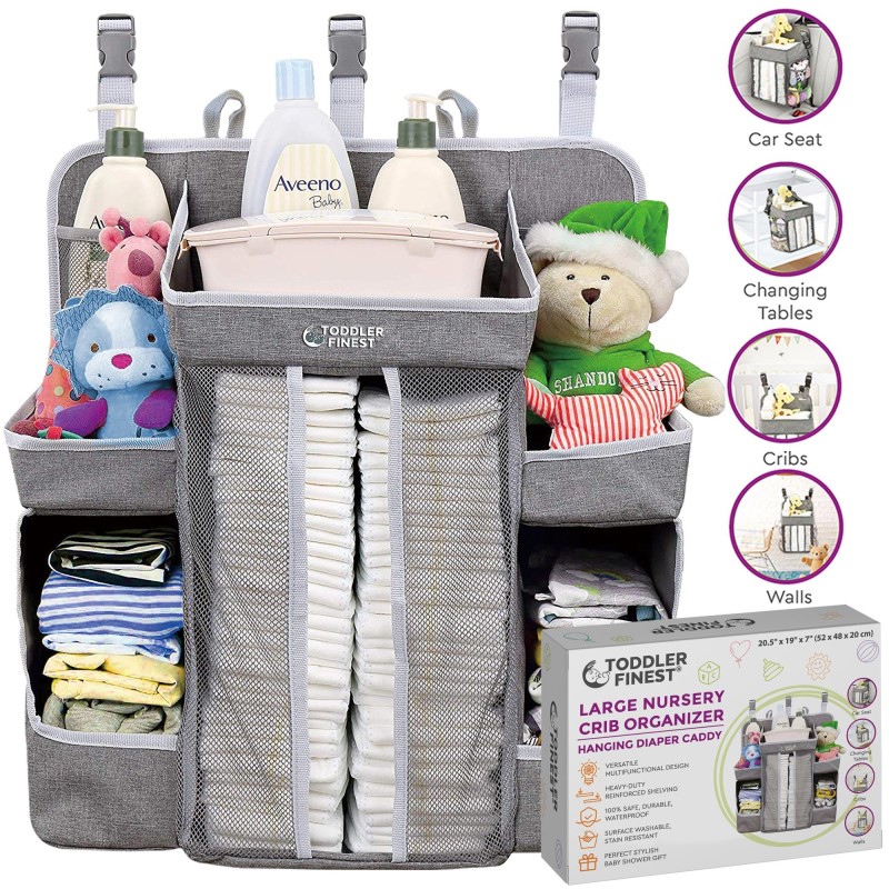 Baby Hanging Crib Organizer - Changing Table Diaper Wipes Stacker - Infant Toddler Newborn Playard Nursery Caddy - Wall Door Car Holder Portable Storage - Large Toy Shelves with Straps Hooks - Stain Resistant - for Boy Girl Shower Gift (ToddlerFinest)
