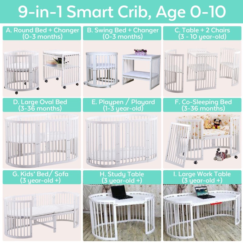 ToddlerFinest 9-in-1 Convertible Baby Crib Ultimate Bundle