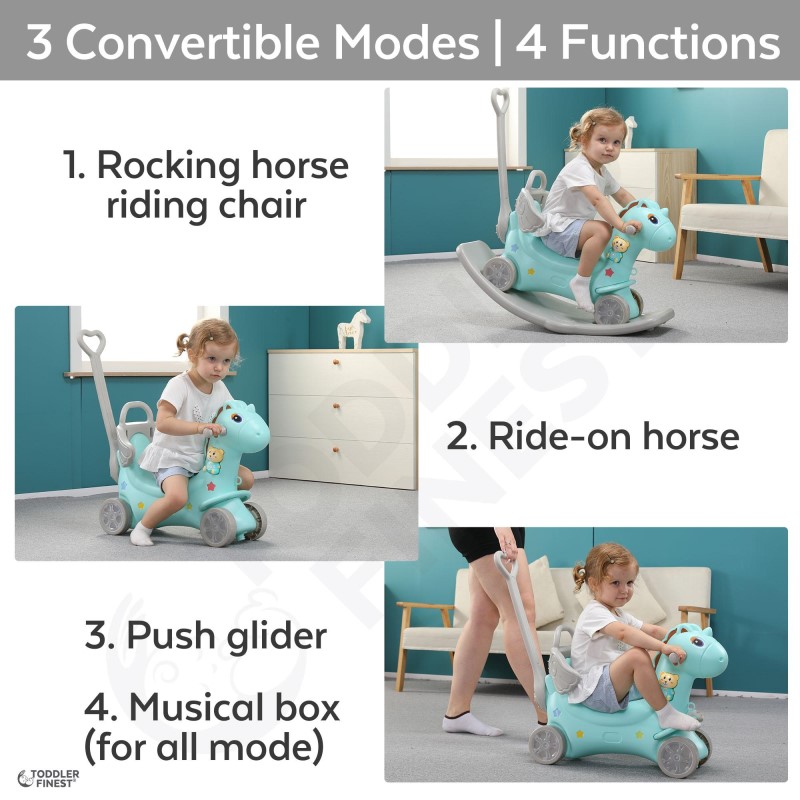 ToddlerFinest 4-in-1 Musical Push Glider Pony Anti-Slip Auto Balance Rocking Horse Toy