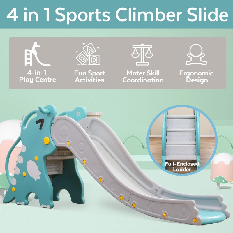 4-in-1 Slide for Kids Baby Toddlers Children (Dinosaur) - Sport Playset - Play Slide Climber with Basketball Hoop - Easy Climb Stairs - Ideal Gift for Boys Girls - Indoors Outdoor Backyard Playground Use (ToddlerFinest)