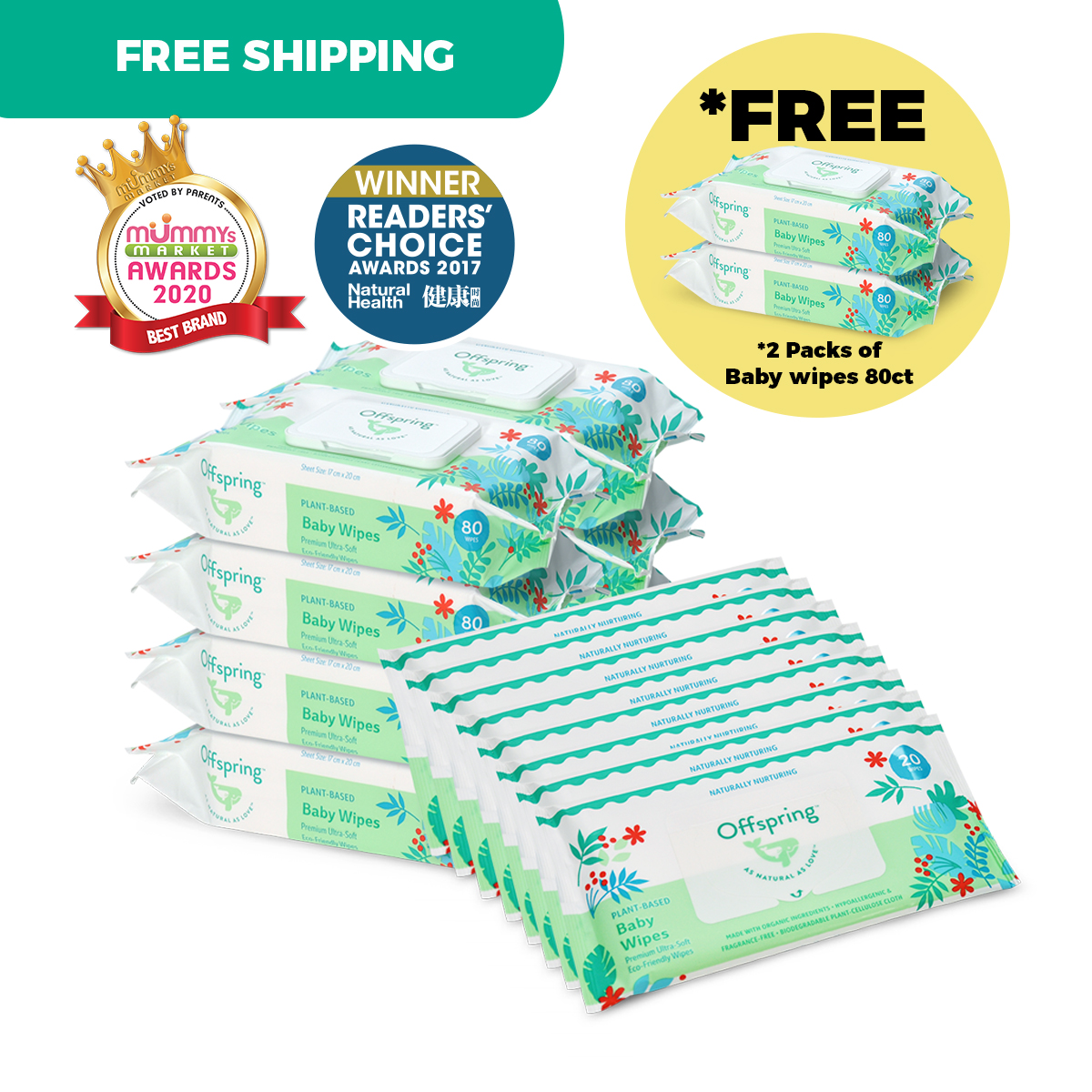 Offspring Plant-Based Baby Wipes (80ct 8 Pack + 20ct 8 pack Bundle)