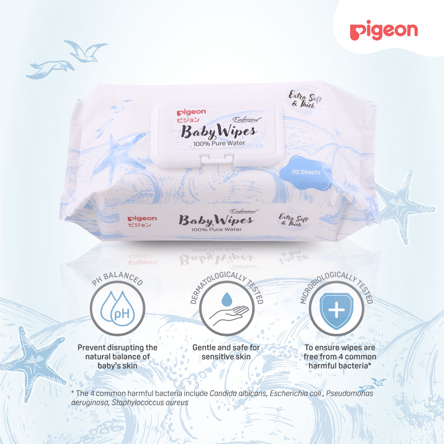 Pigeon Embossed Baby Wipes 100% Pure Water 70s 6in1