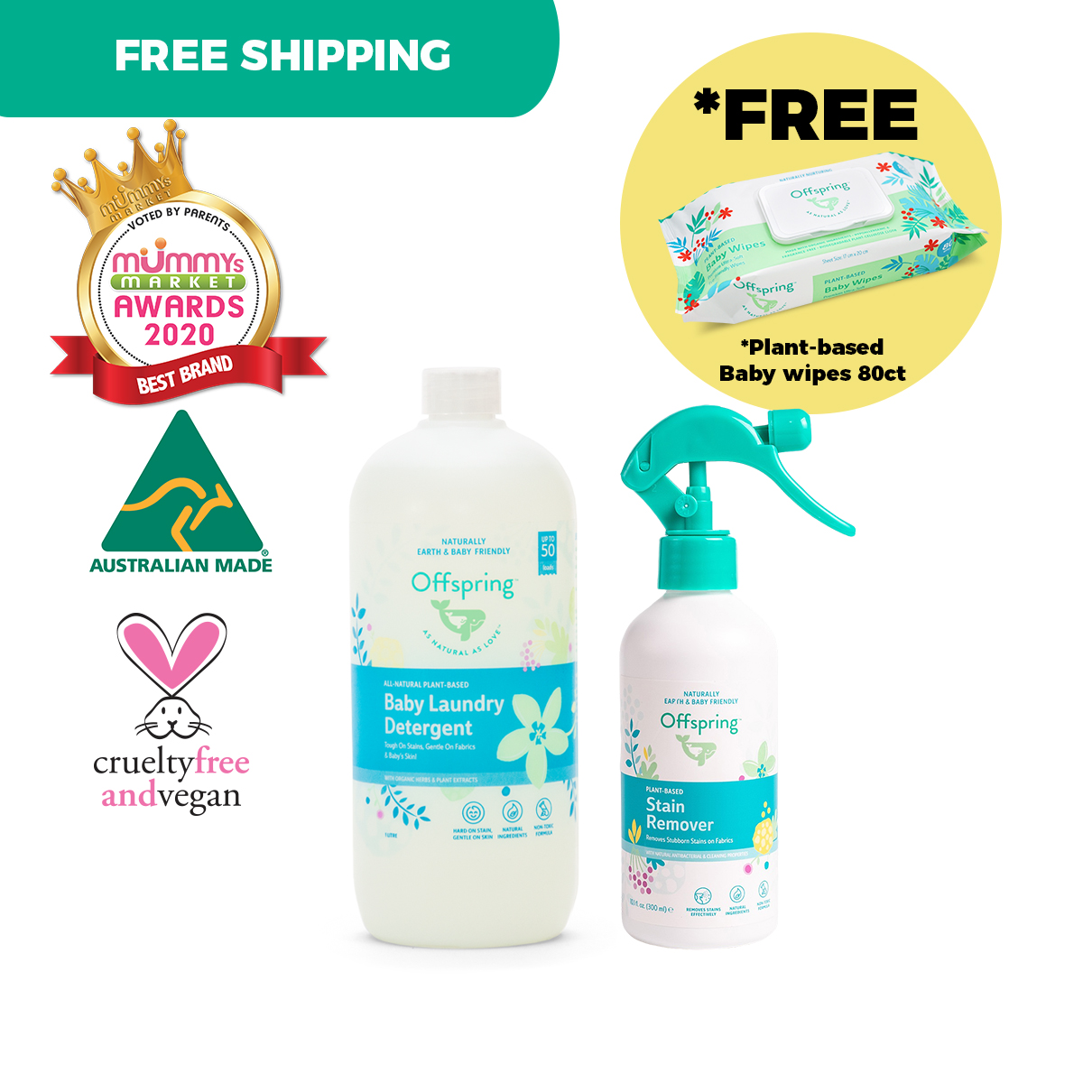 Offspring Baby Laundry Wash (1L) + Plant-Based Baby Stain Remover (300ml) + Free Plant-Based Baby Wipes 80ct 1 pack