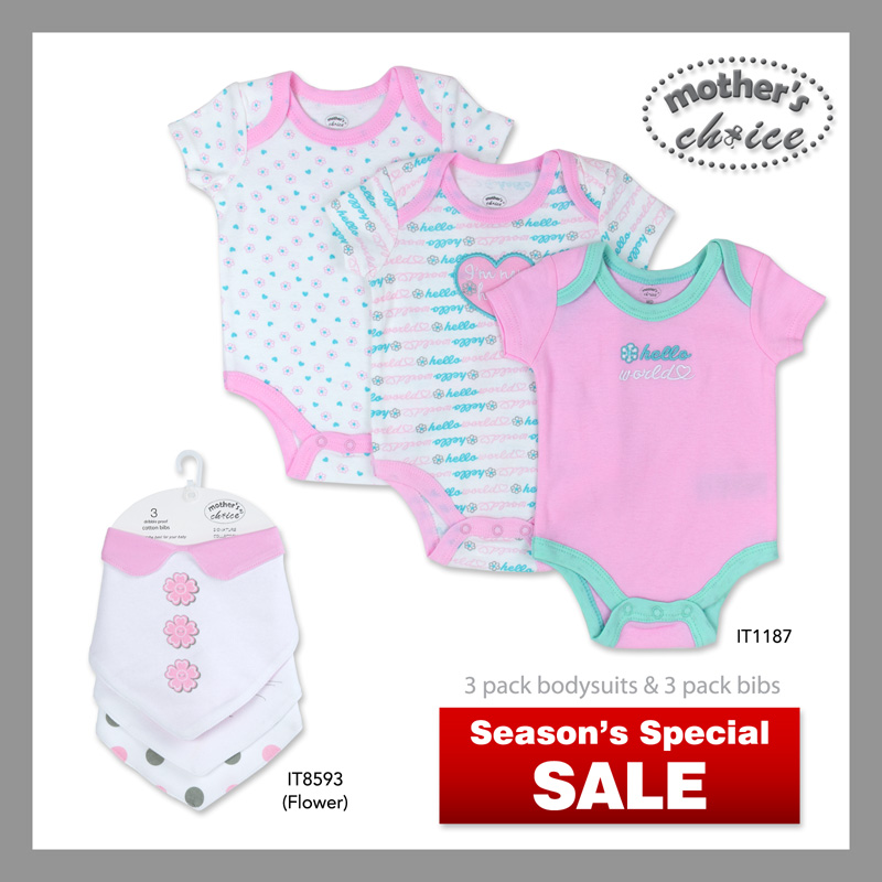 Mother's Choice 3 Pcs Bodysuits and Baby Stylish Bib Bundle Set Sales(Girl A)