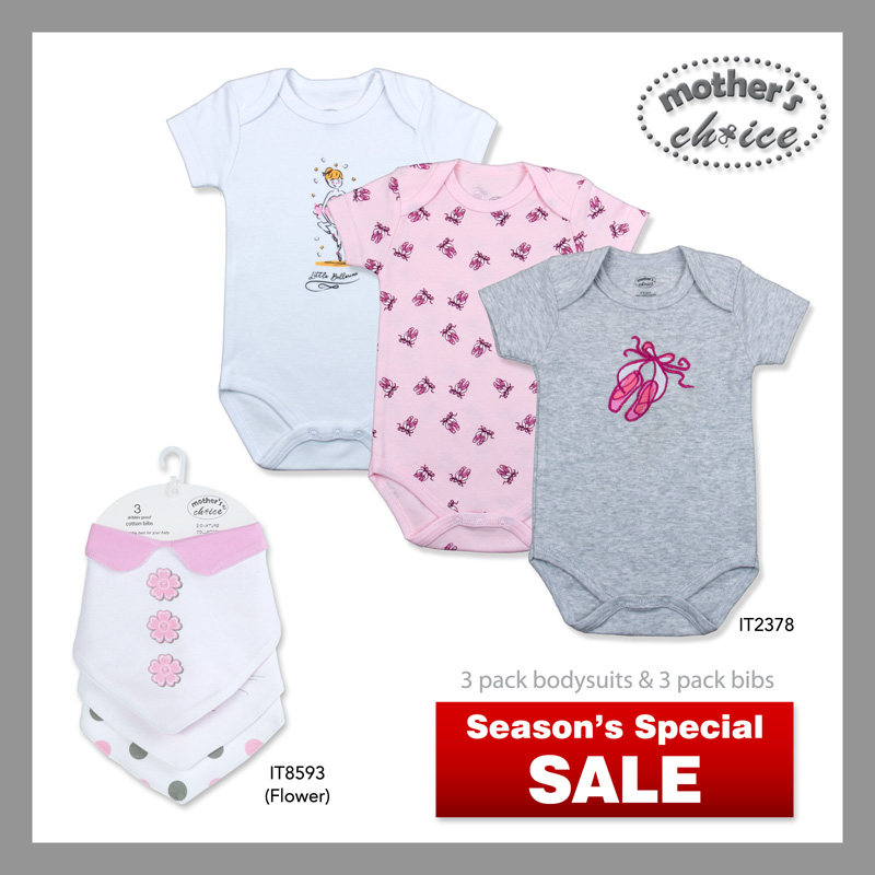 Mothers Choice 3 Pcs Bodysuits and Baby Stylish Bib Bundle Set Sales (Girl B)