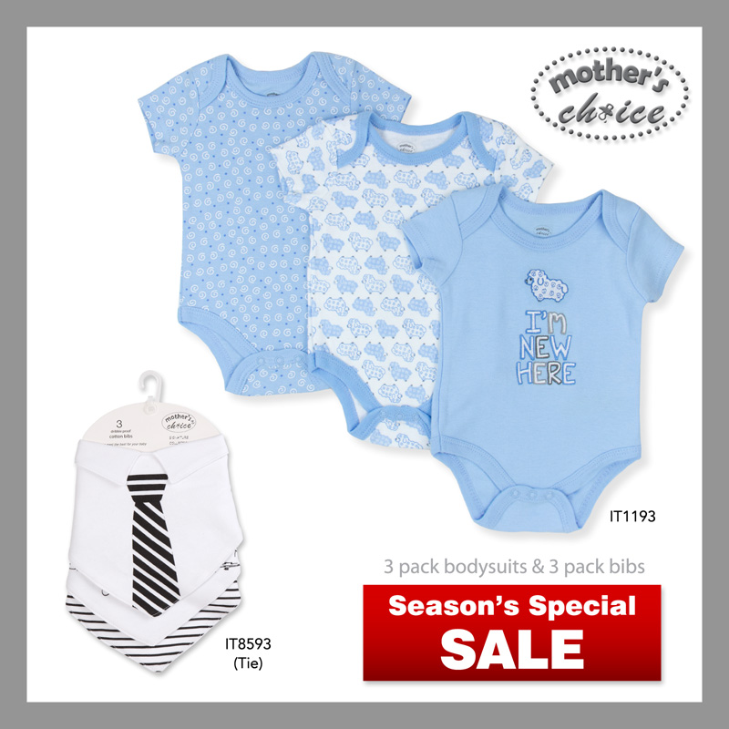 Mothers Choice 3 Pcs Bodysuits and Baby Stylish Bib Bundle Set Sales (Boy A)