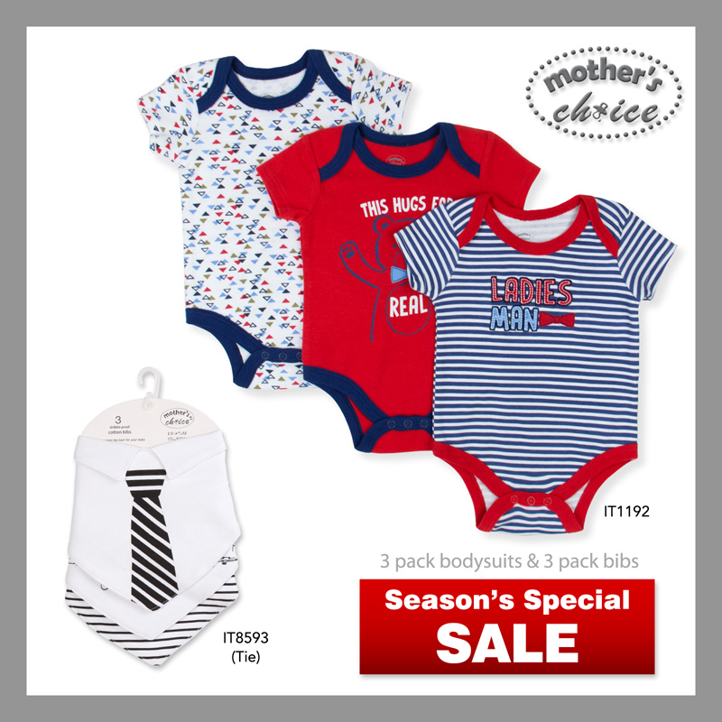 Mother's Choice 3 Pcs Bodysuits and Baby Stylish Bib Bundle Set Sales(Boy B)